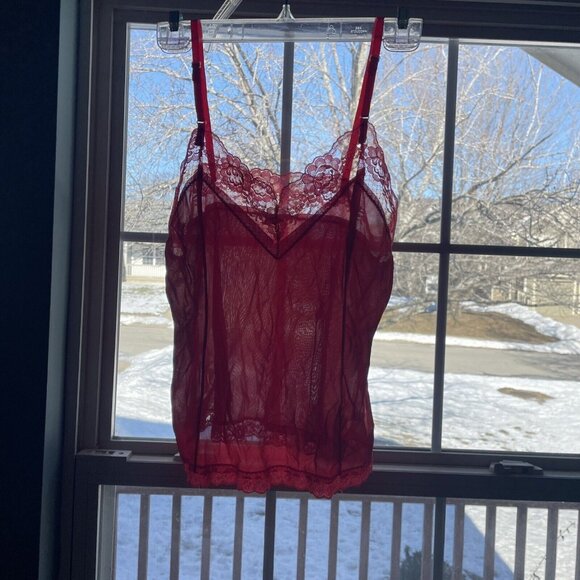 Vintage Red Lace Sheer Camisole Top Lingerie Adjustable Straps 100% Nylon Size L - Picture 1 of 8